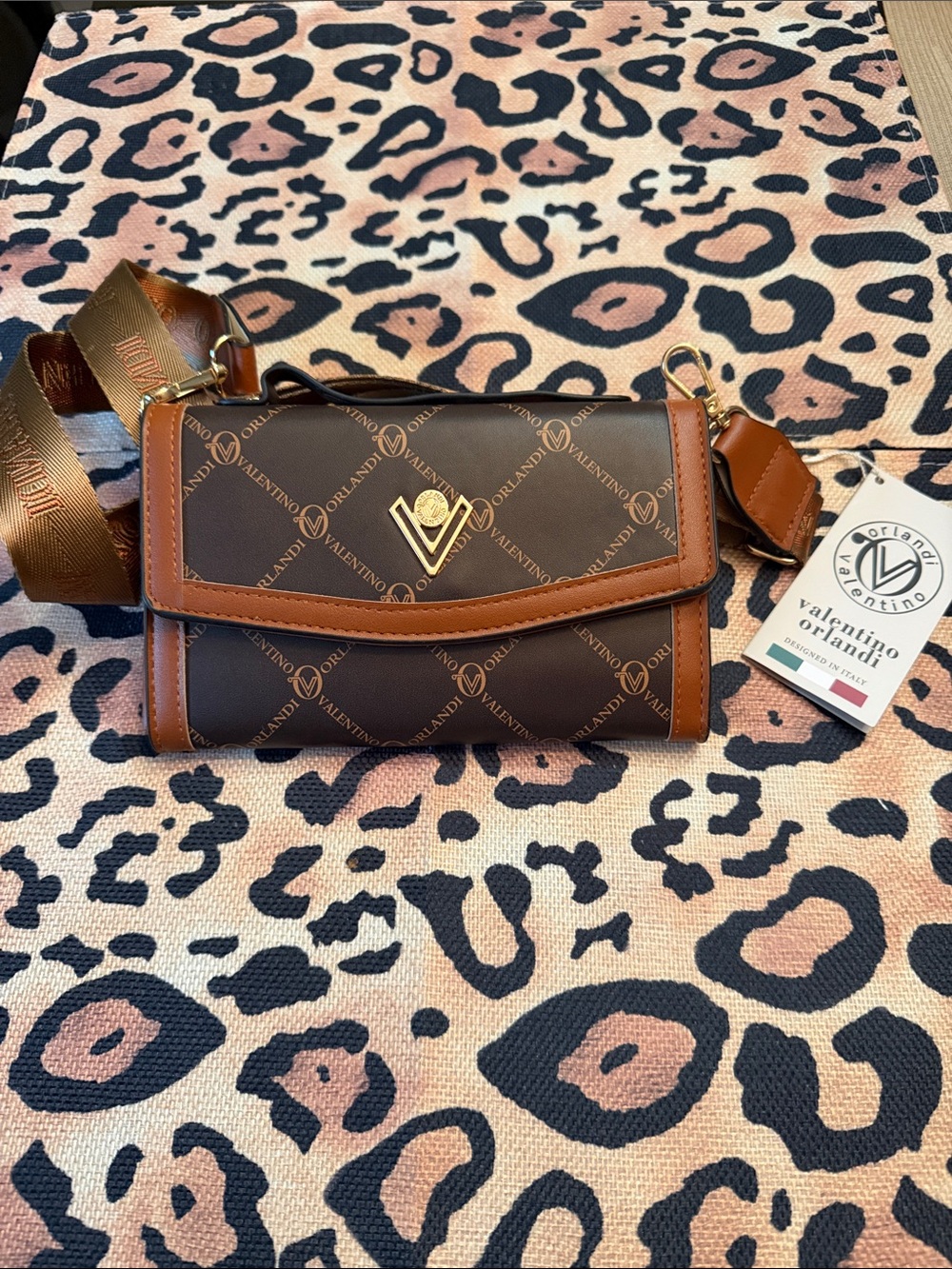 Valentino Orlandi Brown and Tan Logo Crossbody Bag with Gold Accent
